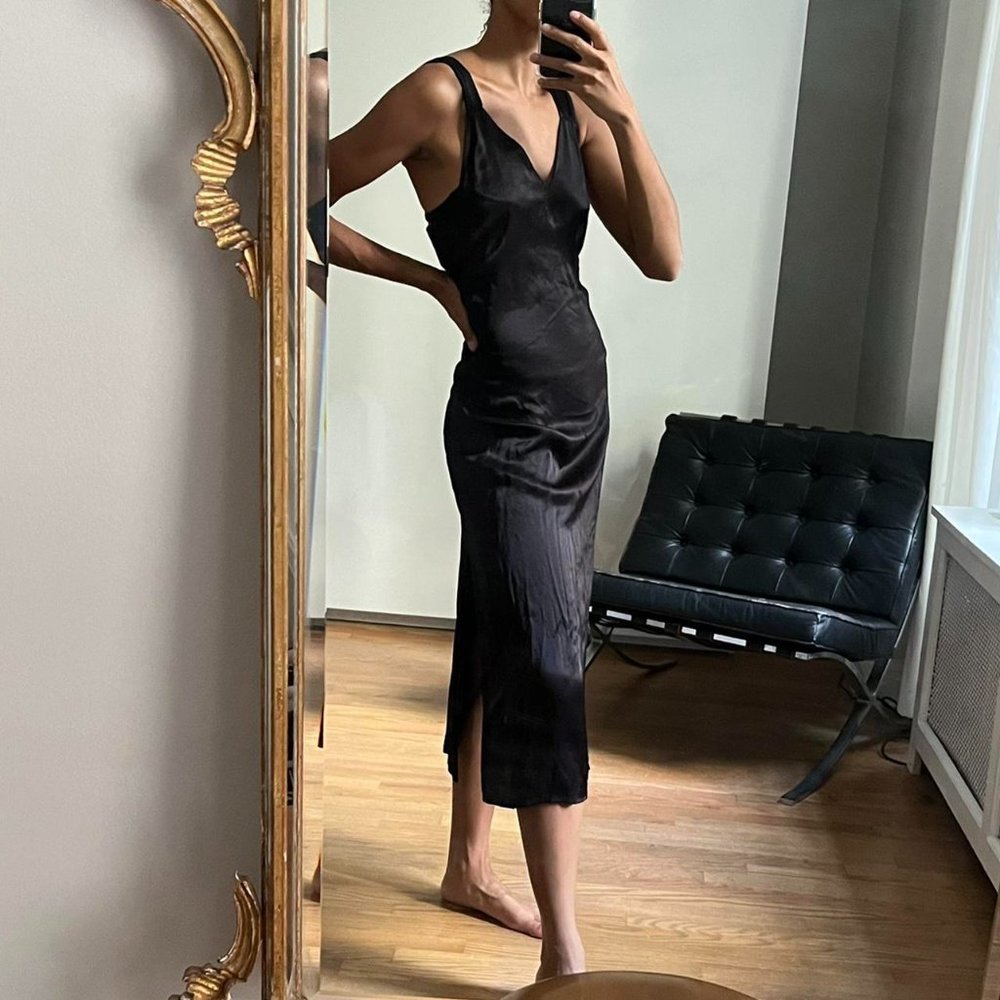 Satin Black Midi Shift Dress
